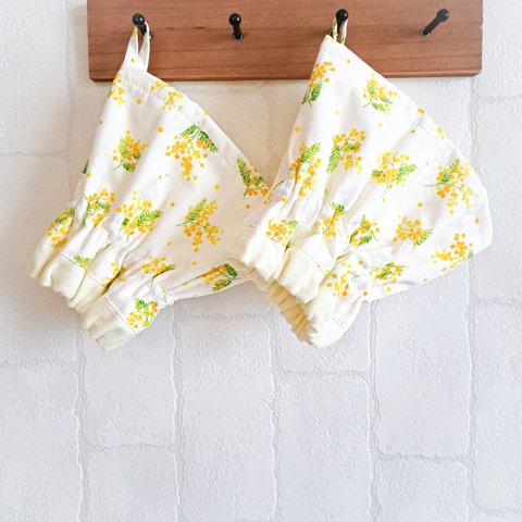 柔らか素材の　キッチン　アームカバー　花柄 ミモザ　アイボリー　×　イエロー