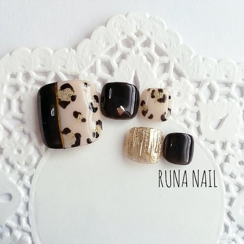 RUNA♪フットネイル♡ブラックレオパード柄ネイルチップ♡ヒョウ柄