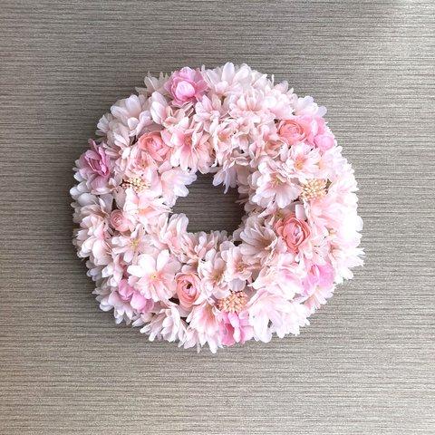 ひな祭りにも♪【春リース】お花たっぷり満開桜のスプリングリースⅯ　２４cm／受注制作