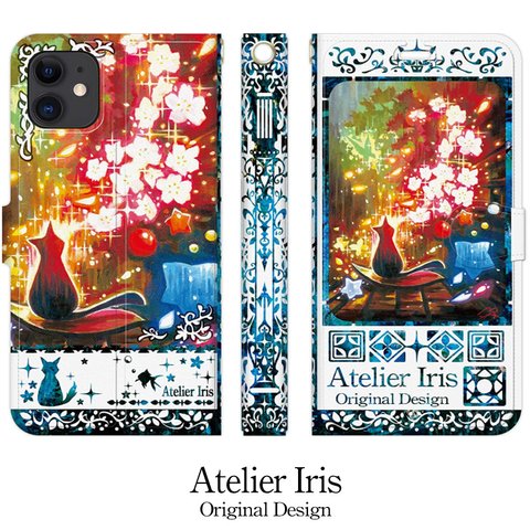 【花見の桜猫】猫 油絵 iPhone 手帳型 スマホケース 携帯ケース 送料無料 白地ブルー
