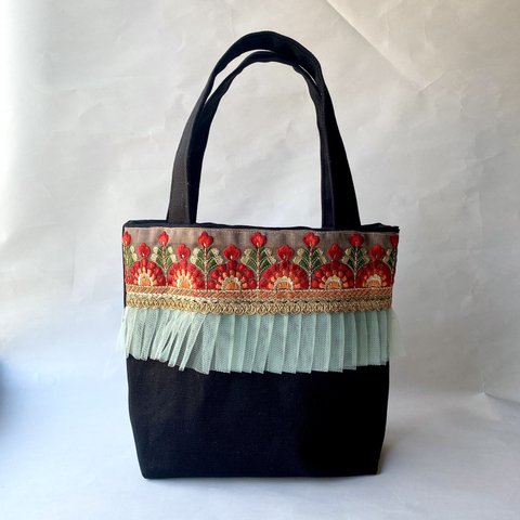 インド刺繍リボン 赤い花モチーフ帆布ミニトートバッグ