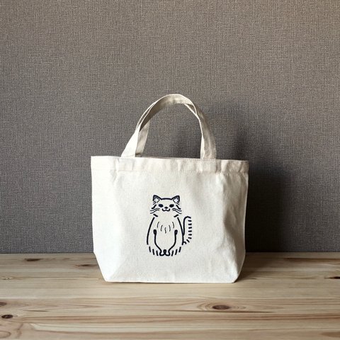 【ろんぐ】貓-nyaA- 刺繍 ミニトート　内ポケット付き　オーガニックコットン　ランチバッグ／お弁当バッグ