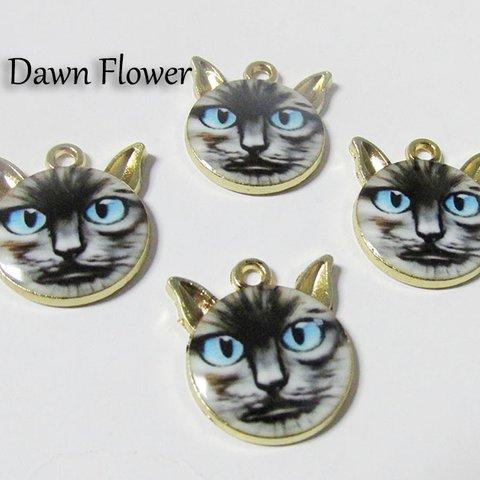 【D-0518】5pcs　リアルフェイスのネコチャーム　21×18mm　グレー　チャーム