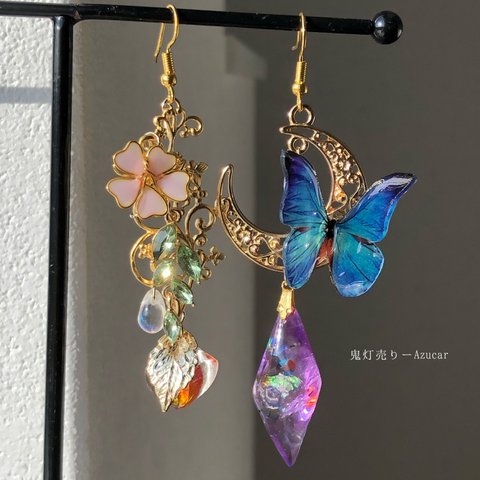 桜なびく風と春　鬼灯とモルフォ蝶　さくらと鉱物レジン　和ゴス　和装小物　ピアス　イヤリング