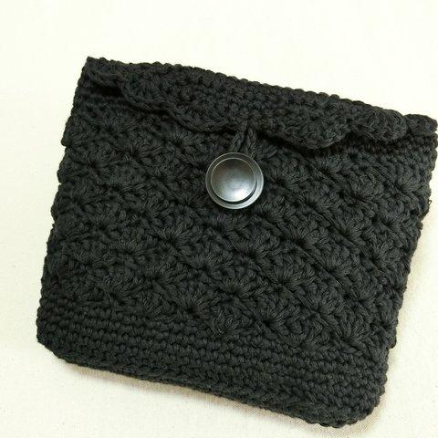 黒コットン手編みポーチ　松編み　