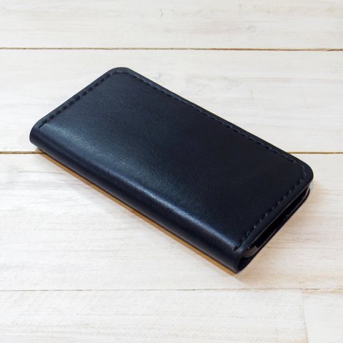 シンプルなふたつ折り牛革レザーケース iPhone,Android 多機種制作 スマホケース 手帳型 ブラック 黒色
