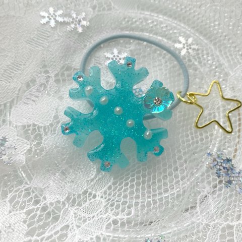 キッズ レジン 雪の結晶 Crystal of snow ヘアゴム (Big) blue