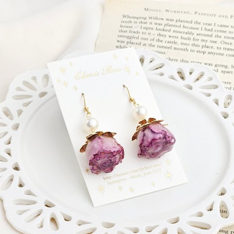 𝆯⁕𑁍𐇵 Purple Rose & Akoya pearls 𐇵𑁍⁕𝆯  薔薇 ピアス イヤリング