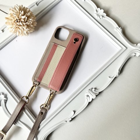 本革　スマホショルダー　レザー　ショルダー　カード収納　ハンド付き　名入れIPHONEケース　iPhone15 beige+ivory+coral