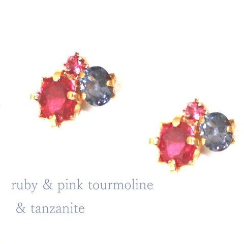 Ruby & Pink Sapphire (or Tourmaline ) & Tanzanaite Earrings