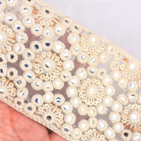 【30cm】【10cm幅】ワイドタイプ　ホワイト　インド刺繍リボン　ミラー　フラワー　ハンドメイド　手芸　R034