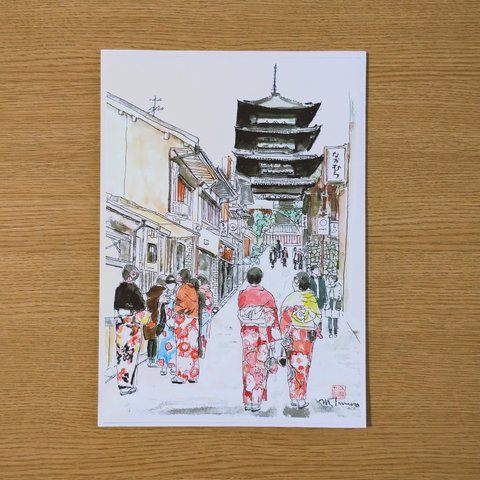 A4サイズ「京都　八坂の塔　新春の彩」　京の水彩画工房