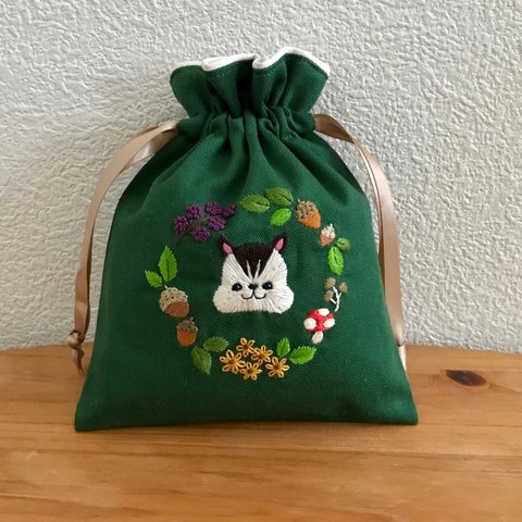 刺繍巾着ポーチ【りす】オーダー品