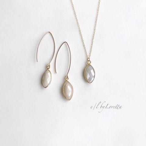 ホワイトムーンストーン 14kgf marquise necklace & long stick pierce SET