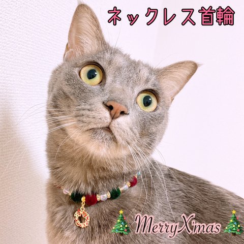 猫の首輪🐈クリスマスカラー🎄ベロアビーズ✨ネックレス首輪♡クリスマスリースチャーム🔔