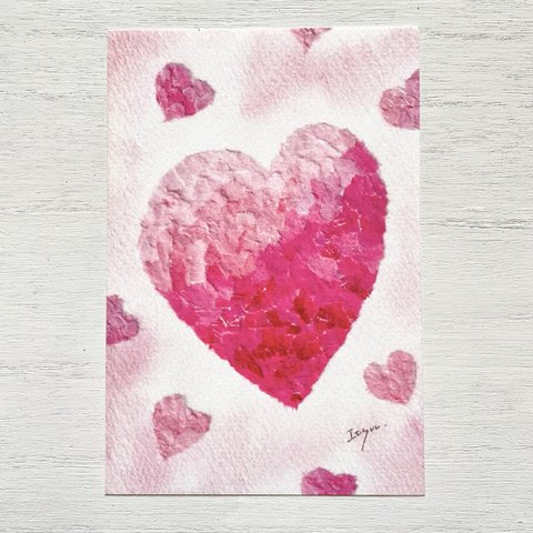 ❤️ 透明水彩画　2枚セット「ピンクハート」イラストポストカード　バレンタインカード　バレンタイン バースデーカード ウェディングカード　ハート　ちぎり絵　貼り絵
