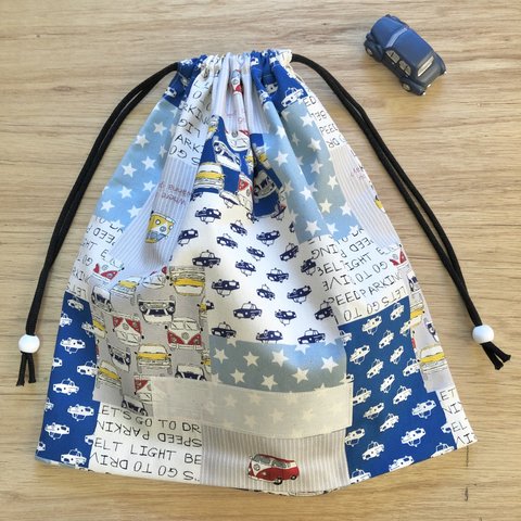 巾着袋(お着替え袋)☆34×33cmマチ4cm【車柄】★KK.8くるま　男の子　かわいい｜通園通学用のかわいい巾着袋や入園オーダーHoshizora☆ほしぞら