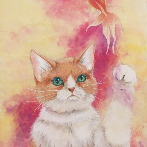 動物絵画　猫と金魚　日本画　原画