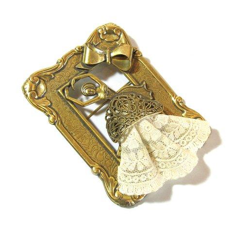 70s Gold Tone Female Dancer Vintage Lace Big Flame Brooch