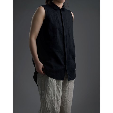 【wafu】雅亜麻 linen shirt 　丸襟 比翼 シャツ  インナーとしても/黒色 p018a-bck1