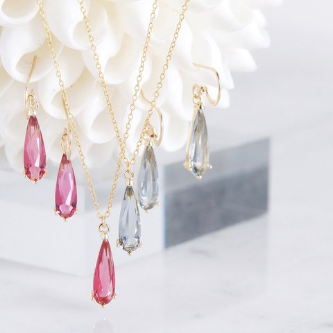 【14KGF】Earrings,Thin Teardrop -Ruby/Grey/Black/Crystal- 