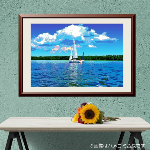 【アートポスター】静かな湖の白いヨット（作品No.208）