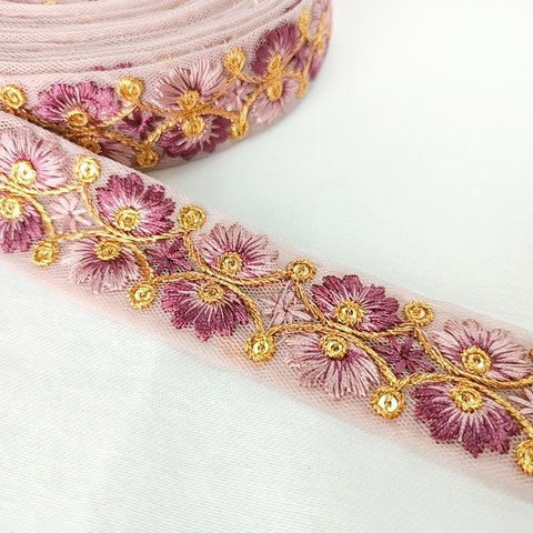 【50cm】【25mm幅】【R050-4】インド刺繍リボン　シンメトリー　フリンジリボン　テープ　ハンドメイド　手芸　