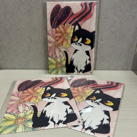 猫とお花のポストカード3枚入りセット　No.7