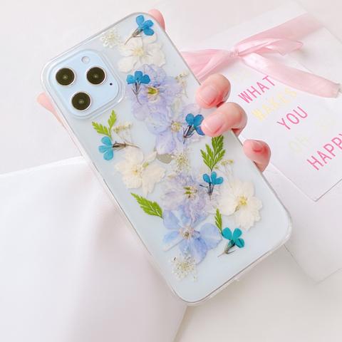 紫陽花かすみ草押し花スマホケース*ストラップホルダー*手帳型*iPhone13スマホケース