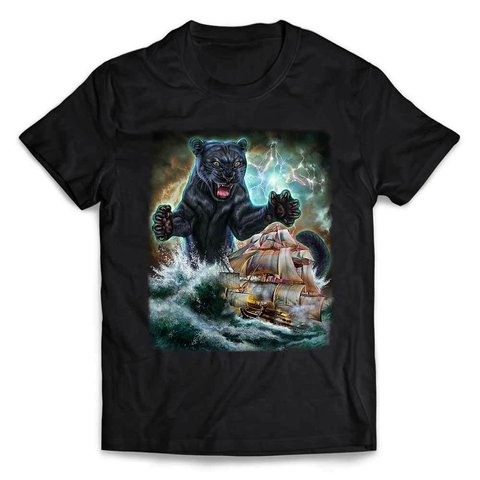 半袖Tシャツ 船を襲う 黒ヒョウ  海 雷 嵐 by FOX REPUBLIC