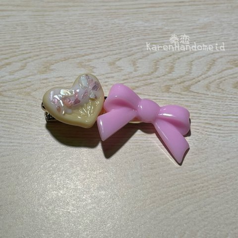 ハートクッキーとリボンのヘアピン　ピンク