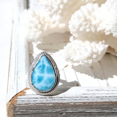❁Ocean blue tear larimar ring silver925 約11号❁超トップクオリティラリマー