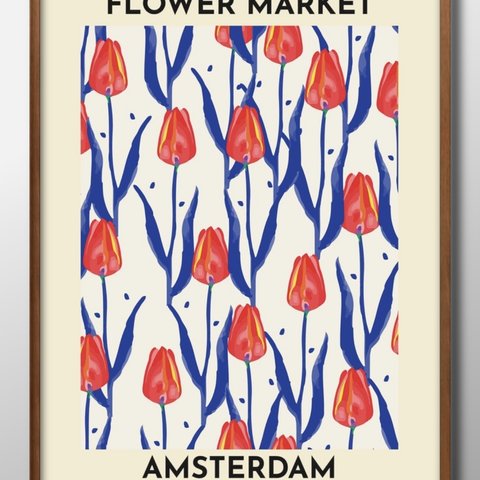 12375■ポスター　絵画　A3サイズ『フラワーマーケット　アムステルダム』アート　イラスト　デザイン　北欧　マット紙