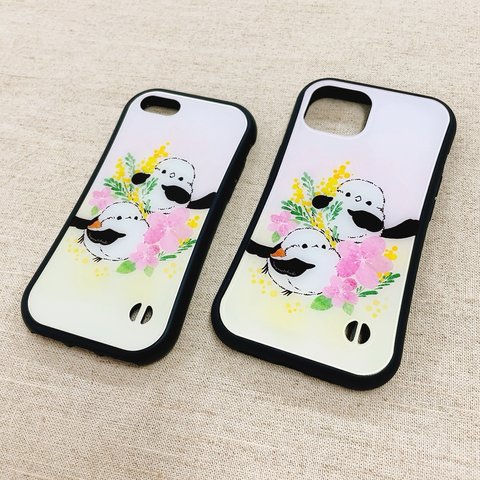 iPhone用グリップケース 　ミモザと桜とシマエナガ