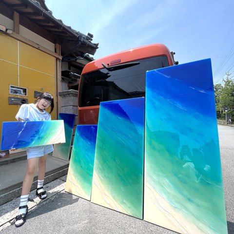 2wayテーブル&アートパネル　石垣ブルー60秒で変身　90センチ　海アート　沖縄　エメラルドグリーン　ローテーブル　アートパネル