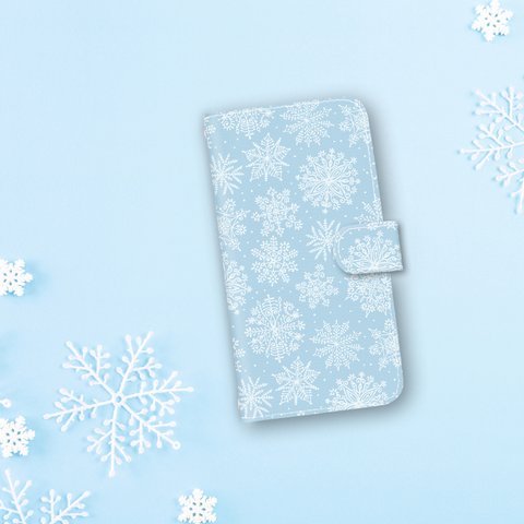 再販×2♪北欧風♬『雪の結晶 アイスブルー＆ホワイト』スマホケース iPhone/android 手帳型ケース Galaxy AQUOS arrows iPhone14 Xperia 冬