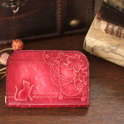 【ピンク色】猫と桜の洋古書風コインケース