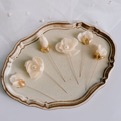 cream flower pearl pin 6set