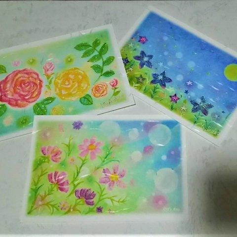 秋の花３種の絵葉書　バラ･キキョウ･コスモス　パステルアートのポストカード