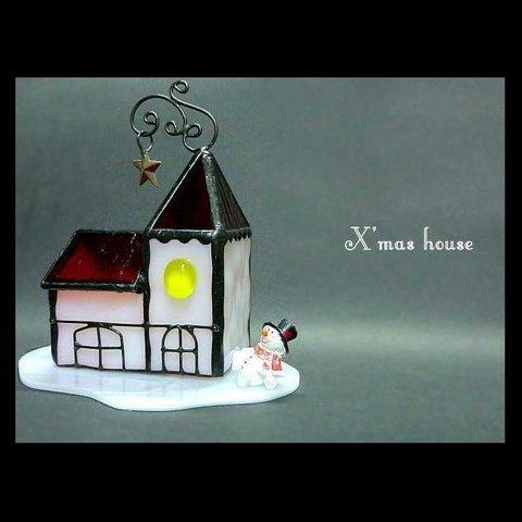 「X'mas house」クリスマス LEDキャンドル ステンドグラス