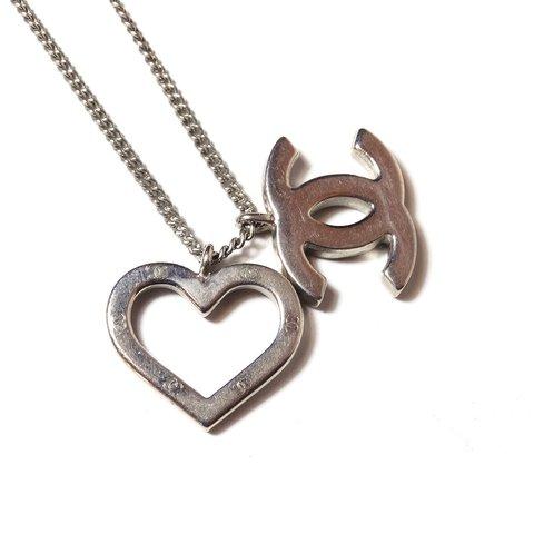 「CHANEL」 Vintage Silver Tone Heart & Coco Mark Necklace