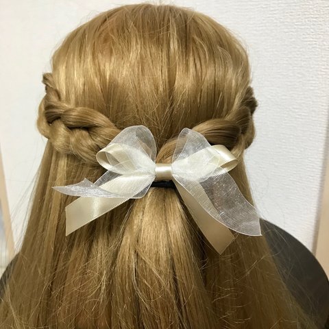 プリンセス風大人可愛いヘアリボン ゴム ベージュサテンリボン×白オーガンジーリボン