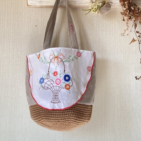 アンティーク花かご刺繍*ウールかごバッグ*リネン*love&eco