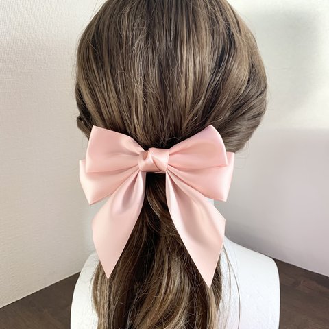 【送料無料 1点のみ】ビッグダブルリボン ピンク サテンリボン シンプル 華やか 大人かわいい リボンヘアアクセサリー バレッタ ポニーフック クリップ ヘアゴム リボンゴム 卒業式 入学式