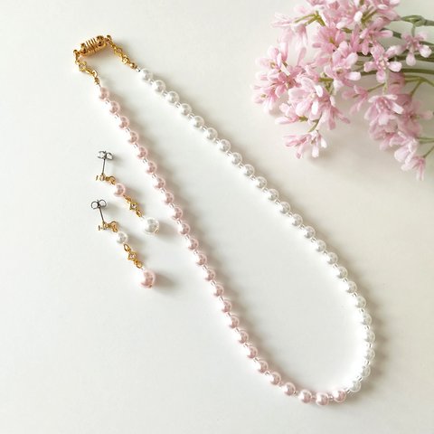 卒業式、入学式、結婚式など...ハレノヒに《2点Set＊ピアス＆ネックレス》Two colors pearl/Pink