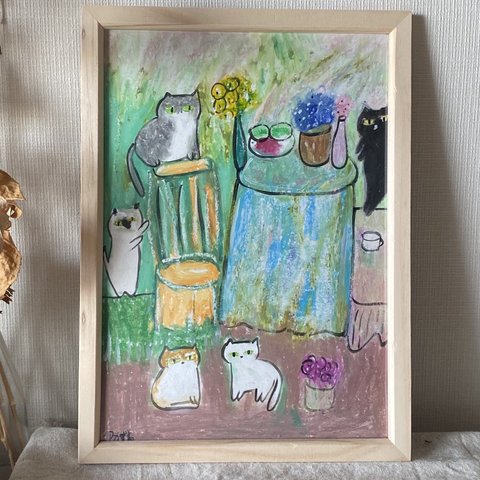 絵画 。手描き【のんびりと時間を過ごし、猫たちはロマンチックなデートをする】