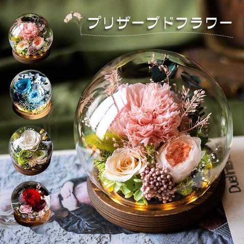 プリザーブドフラワー カーネーション 薔薇 ガラスドーム プレゼント 結婚記念日 花 バラ 永遠の花 ドライフラワー ローズ ドーム ledライト ケース入り 枯れない花 アレンジ ラッピング済み メ