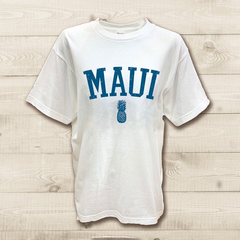 ハワイアンデザインTシャツ マウイ島の名前ロゴ MAUI ハワイの島 オアフ島 パイナップルのシルエット 半袖カットソー