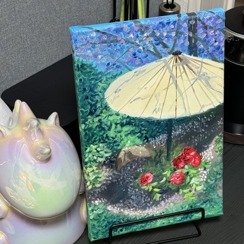 「桜・傘・薔薇」　手描き　油絵　風景画　原画