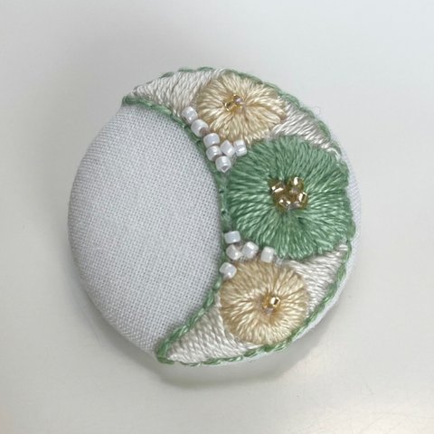 三日月　お花　刺繍ヘアゴム　グリーン